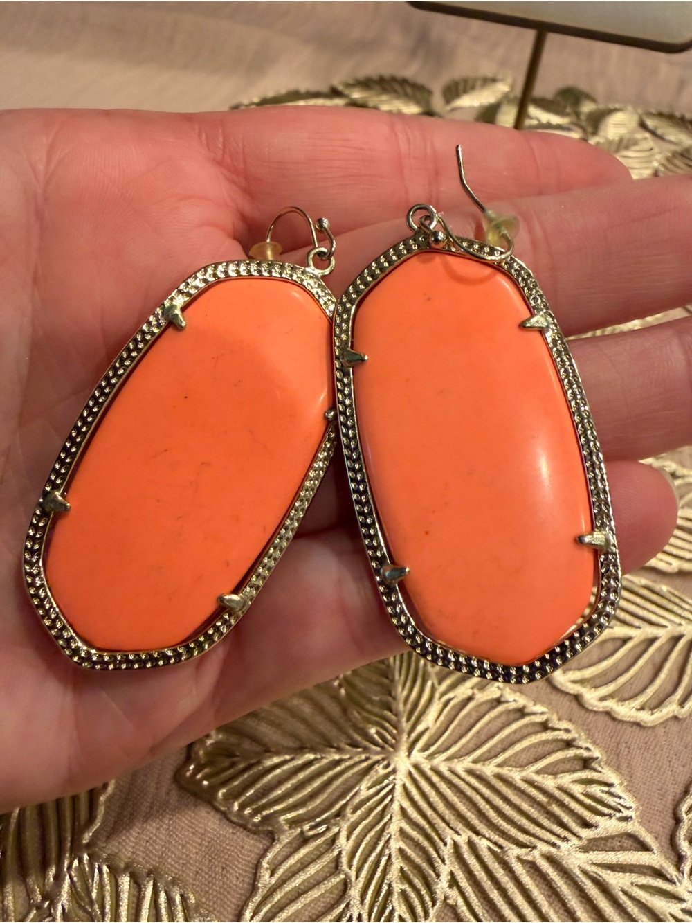 Coral Stone Drop Earrings with Silver Frame - Picture 2 of 3
